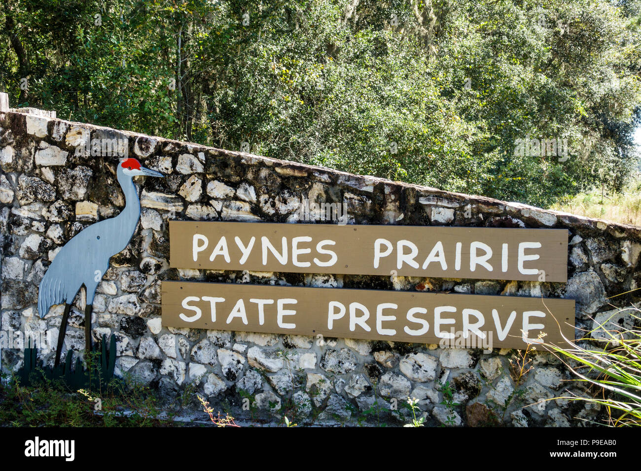 Gainesville Florida,Micanopy,Paynes Prairie Ecopassage Nature Preserve State Park,entrance sign,National Natural Landmark,conservation,restoration,FL1 Stock Photo
