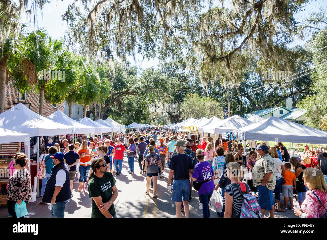 Florida,Micanopy,Fall Harvest Festival,annual small town community booths stalls vendors buying selling,crowd,strolling,families,FL171028211 Stock Photo