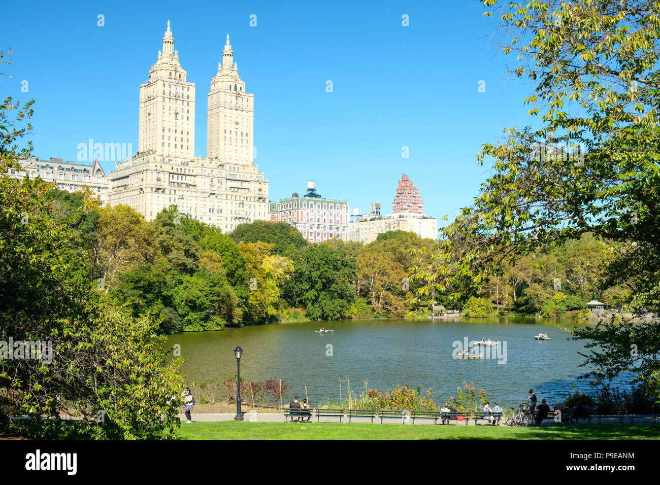 Views of the boating lake in Central Park New York Stock Photo