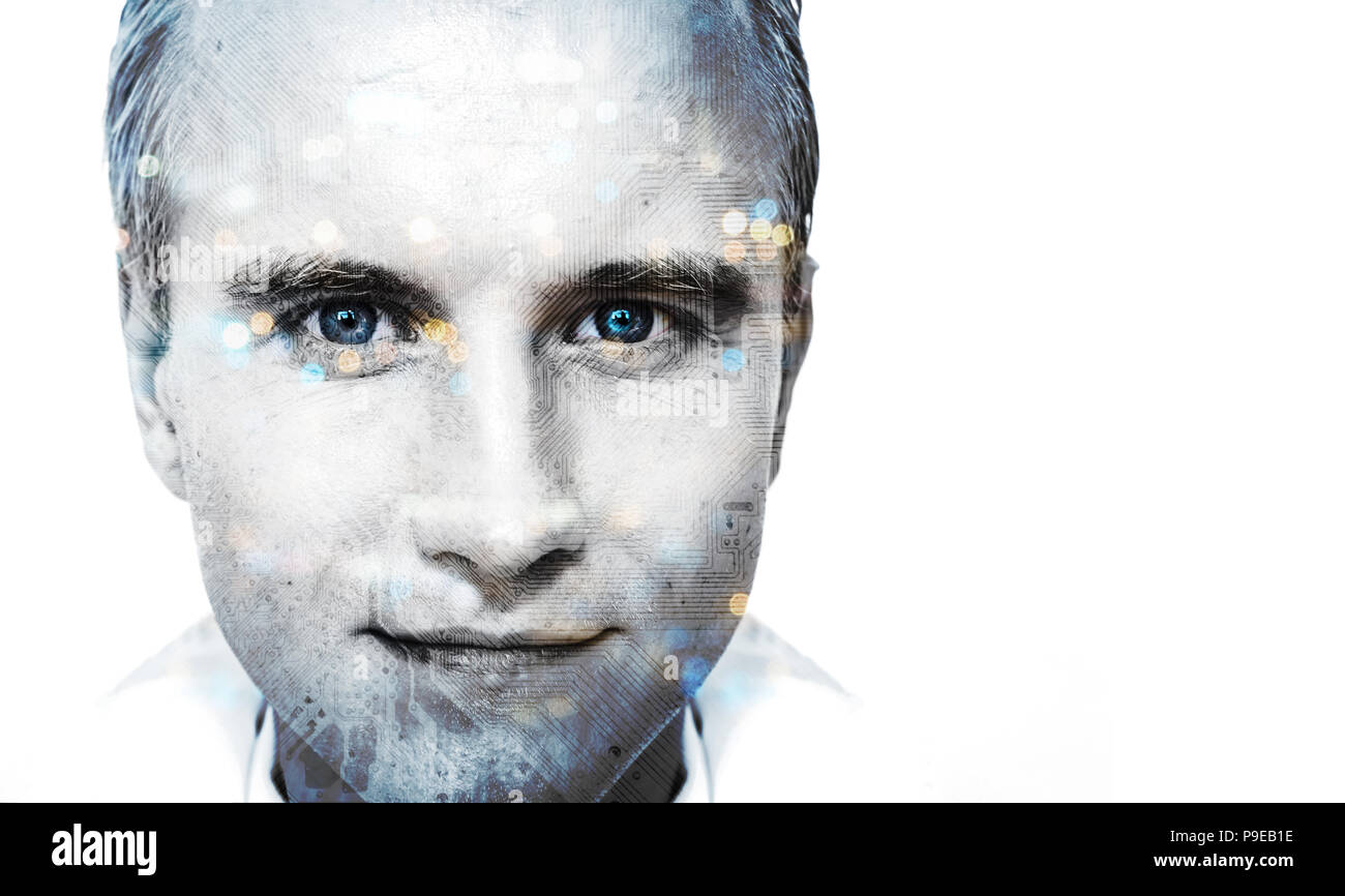Digital transformation disruption every industry technology , artificial intelligence concept. Double exposure of male face customer and circuit board Stock Photo