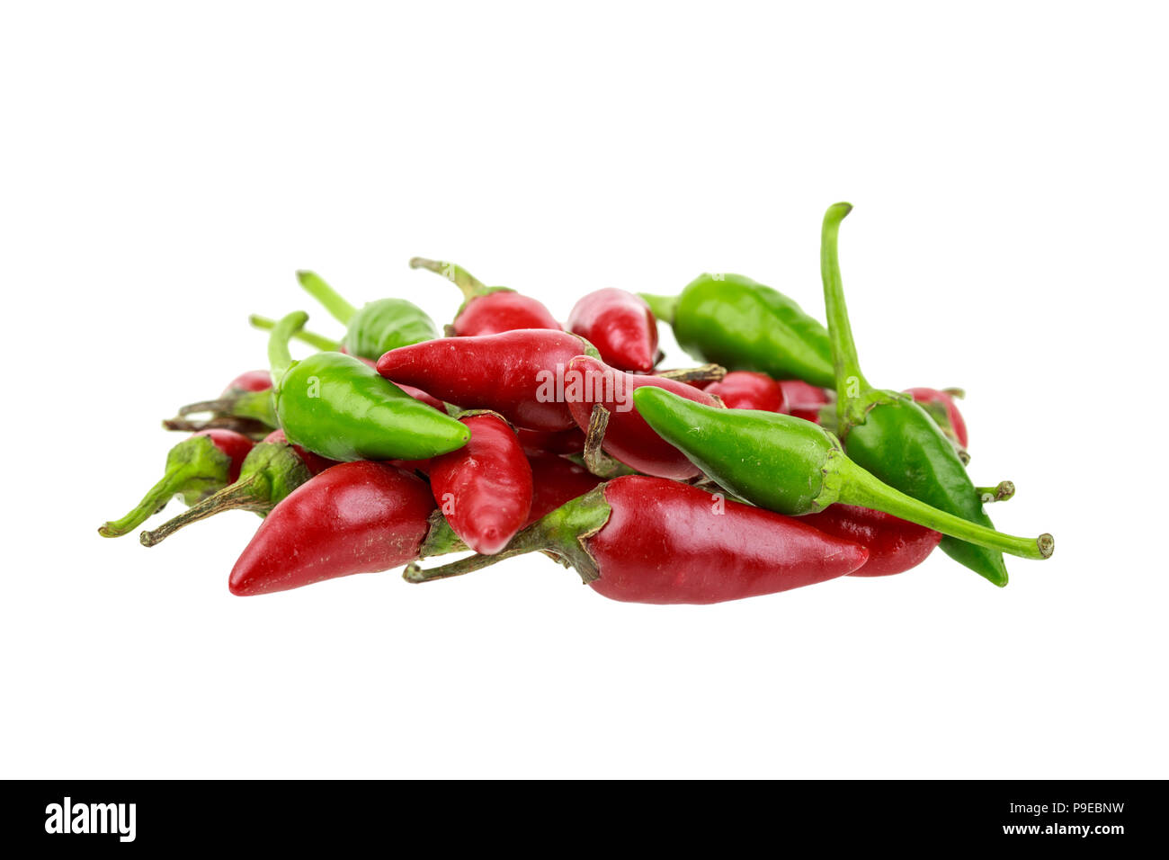 group of red and green hot chili peppers isolated on white background ...