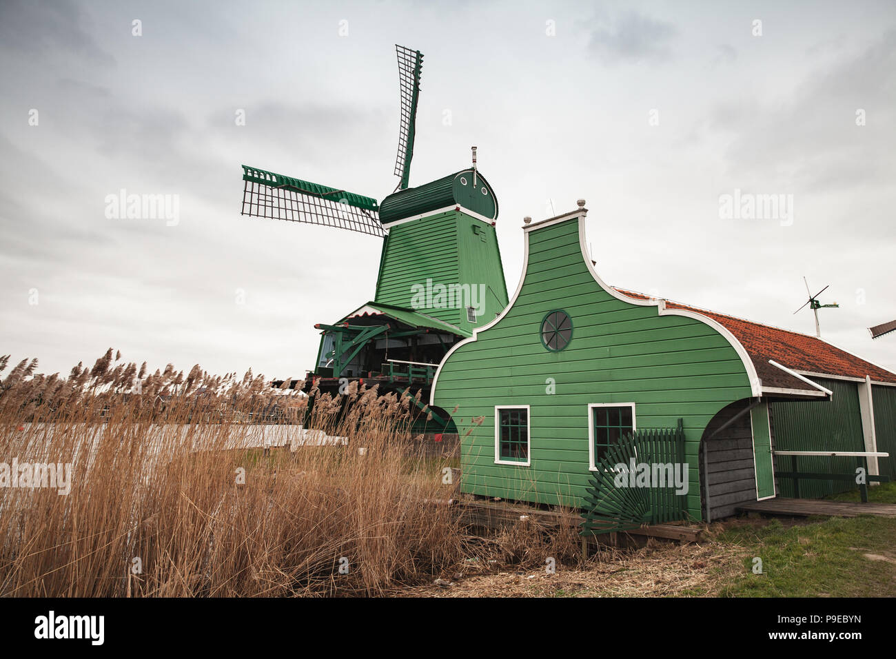 Windmill near green barn on Zaan river coast, Zaanse Schans town, popular tourist attractions of the Netherlands. Suburb of Amsterdam Stock Photo