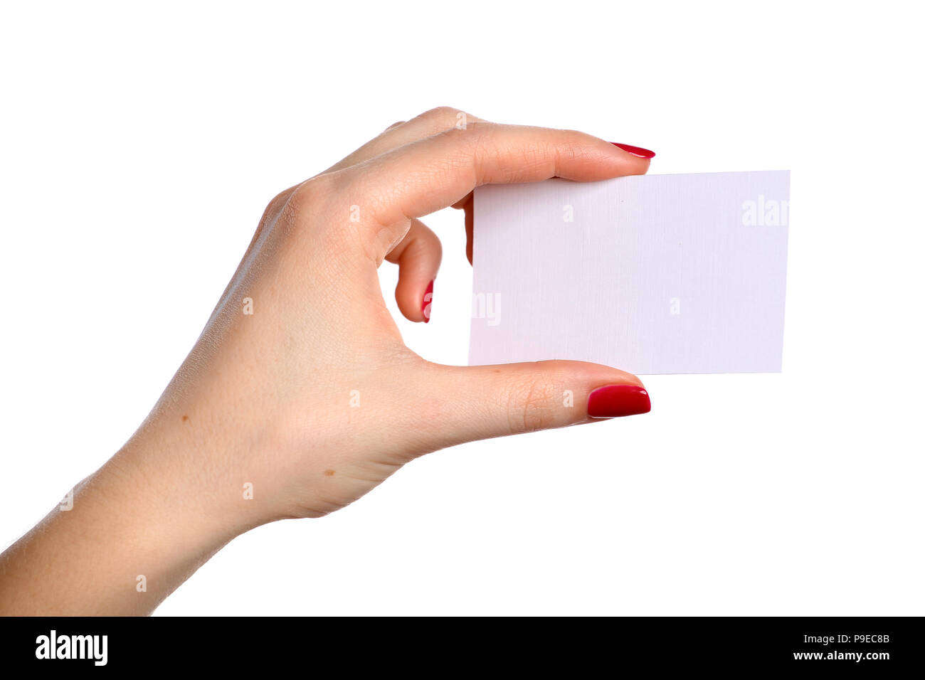 Businesswoman holding a blank card isolated on white background Stock Photo