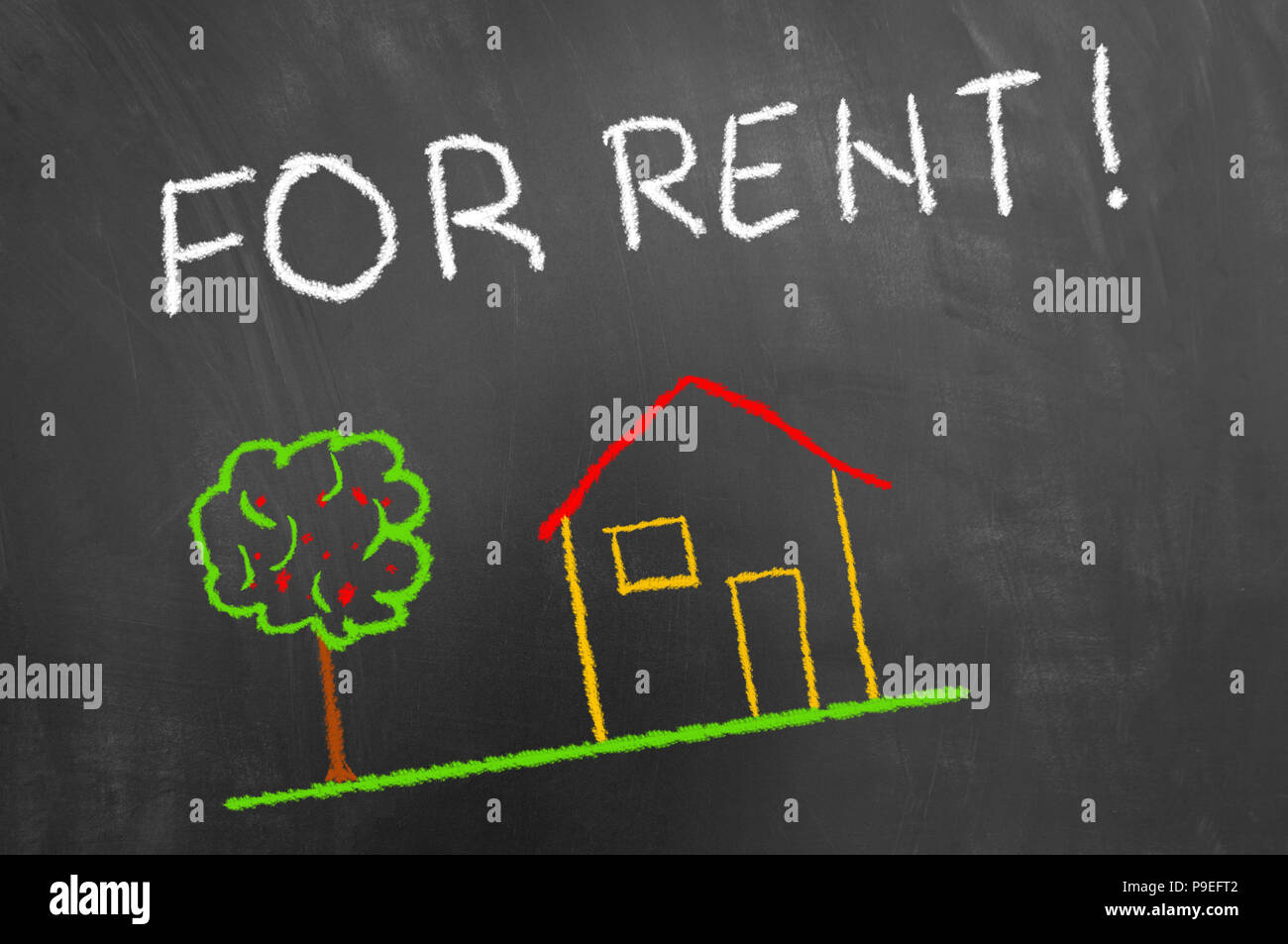 For rent house colorful chalk drawing and hand writing text on