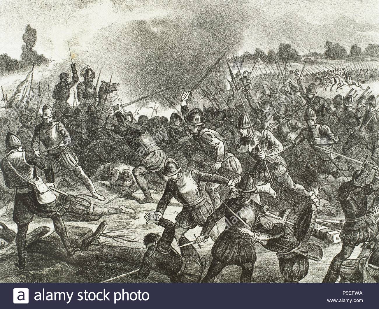 The Battle of Saint-Quentin (1557) with the decisive victory of the Spanish forces of Philip II over the French. Engraving.
