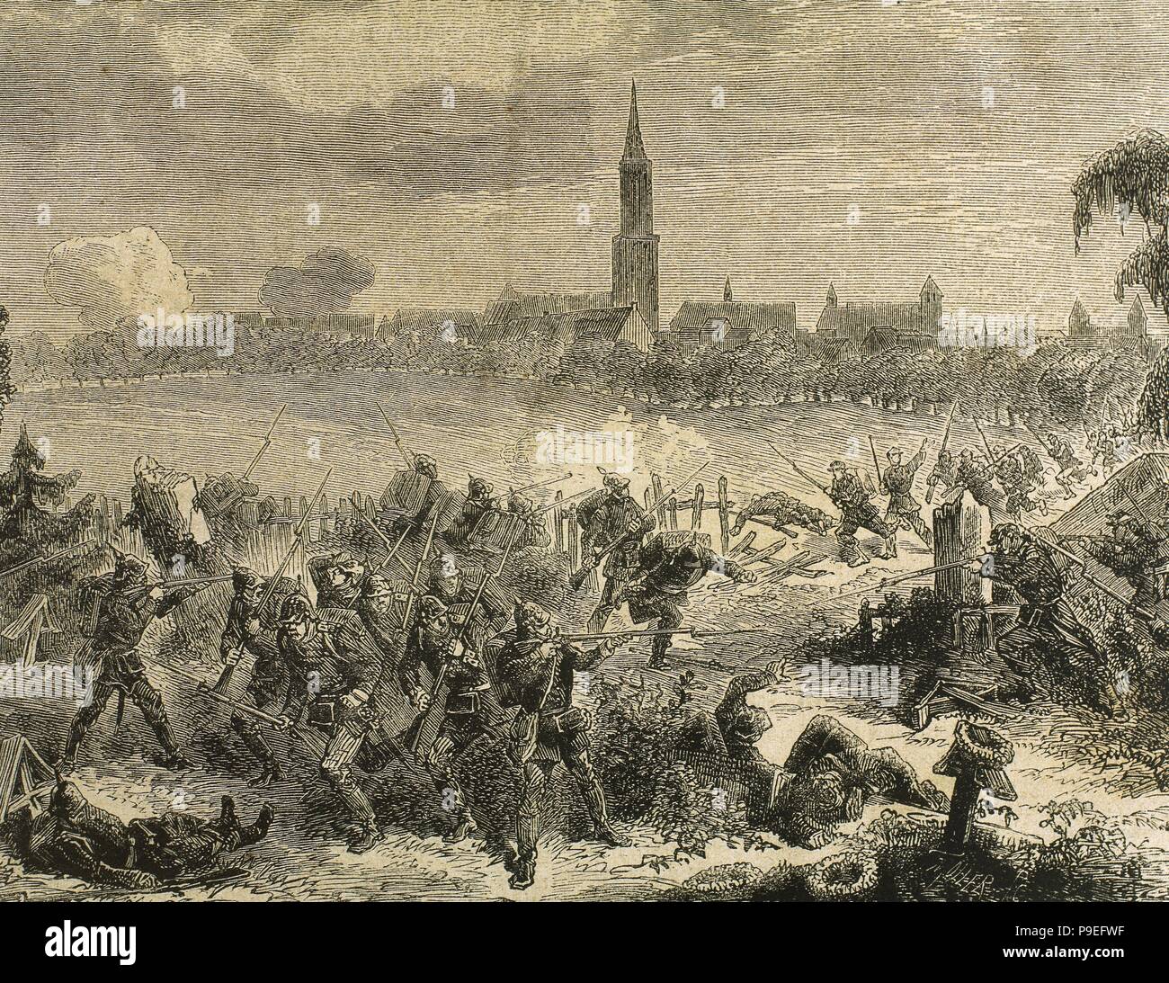 Franco-Prussian War (1870-1871). Combat of the garrison of Strasbourg with the Prussians camped in the cemetery of Saint Elena. Engraving. 'La Ilustracion Espanola y Americana', 1879. Stock Photo