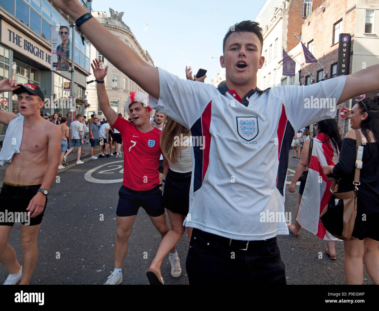 England football fans celebrate in the streets of Brighton during the Russia World Cup Stock