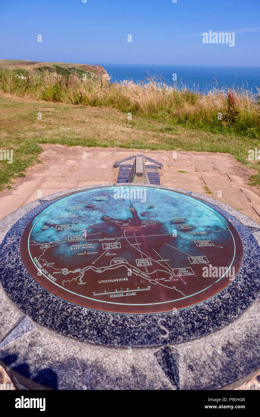 Marker post for the Greenwich Meridian and summer weather at Flamborough Head, Easy Yorkshire Stock Photo