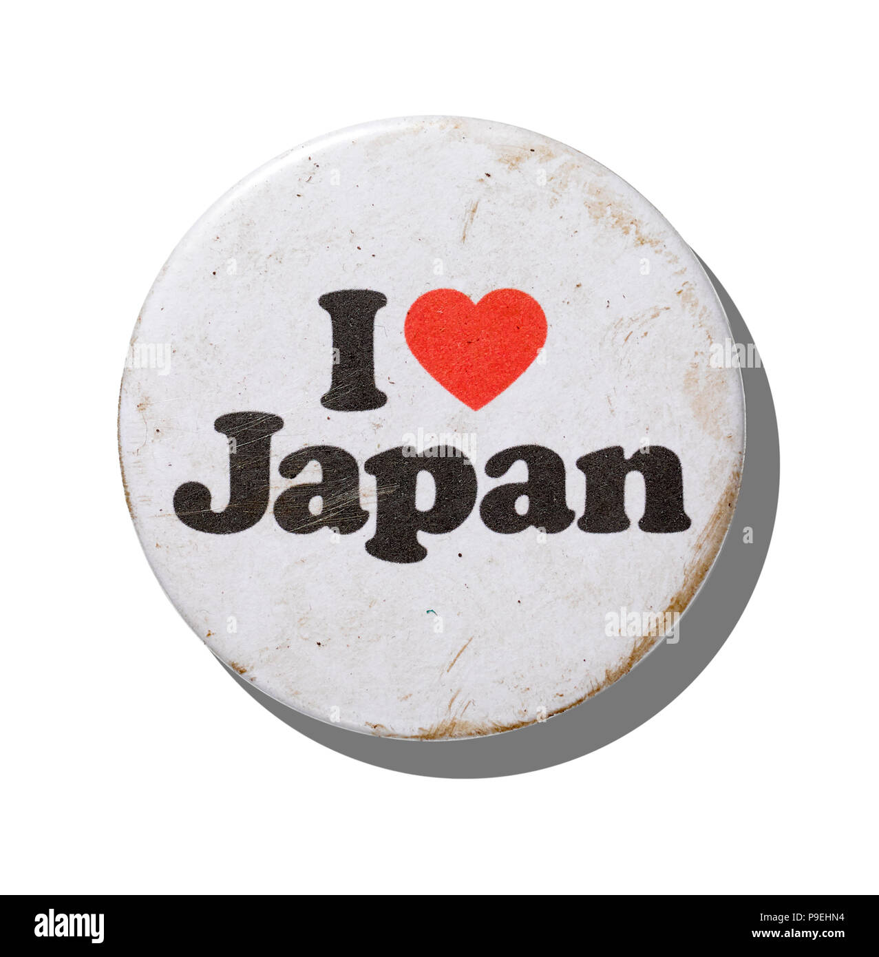 An overhead shot of a vintage I love Japan badge. Stock Photo