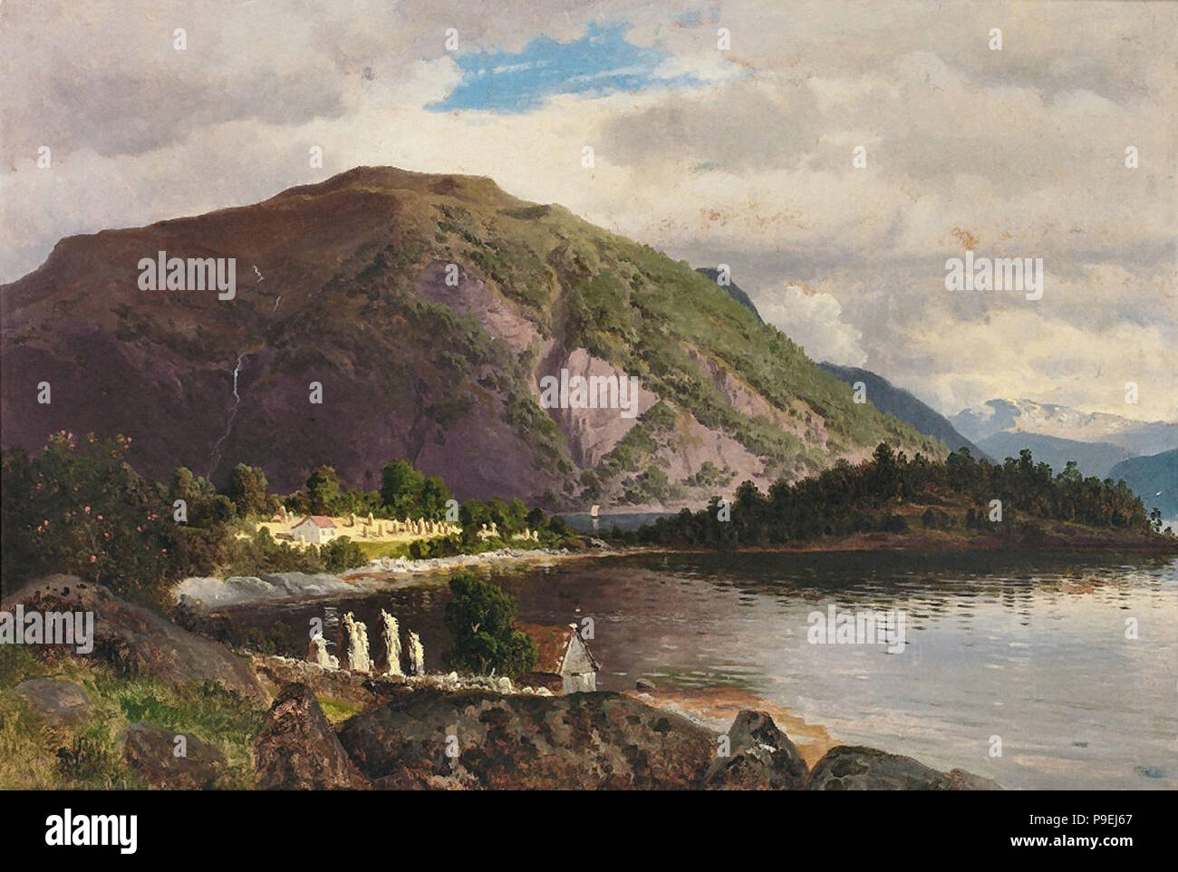 Saal  Georg Eduard Otto - Sommerliche Landschaft Mit Bewaldetem Berg  Seeufer Und Zwei Hüctten Stock Photo