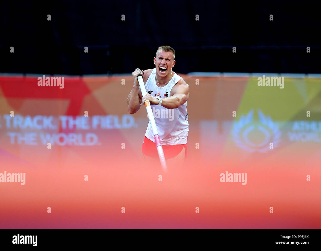 Piotr Lisek of Poland shouts out as he competes in the mens Pole Vault during day two of the Athletics World Cup at The Queen Elizabeth Stadium, London Stock Photo