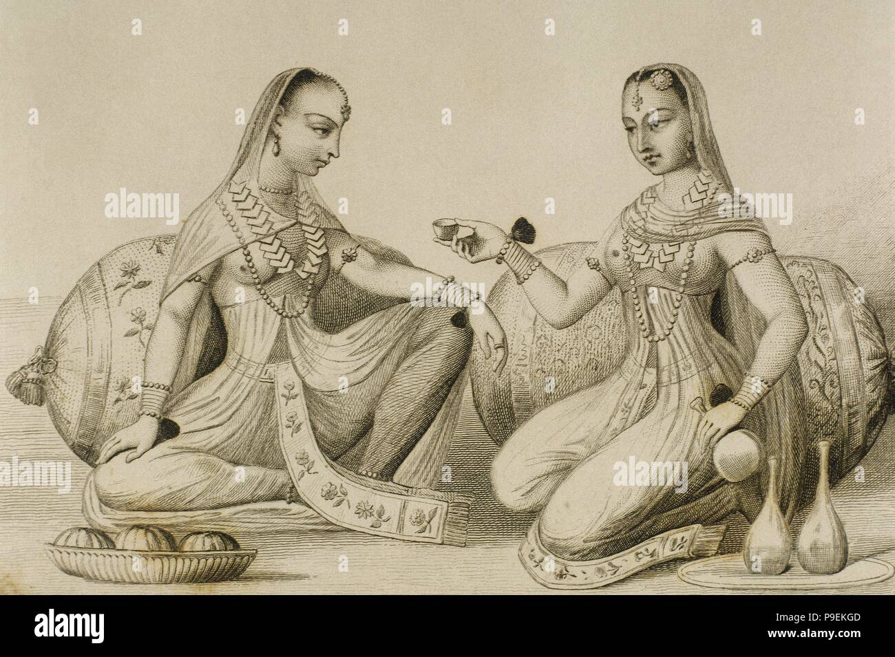 Women of Hindustan. Engraving.'PanoramaUniversal, India', 1845. Stock Photo