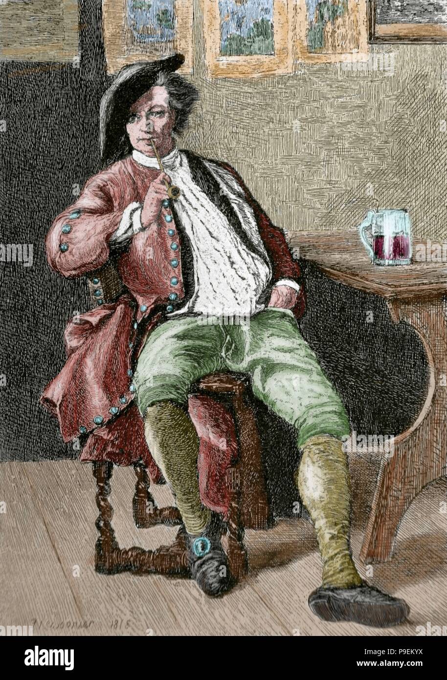 The Smoker. Engraving after a painting of JeanLouisErnst Meissonier