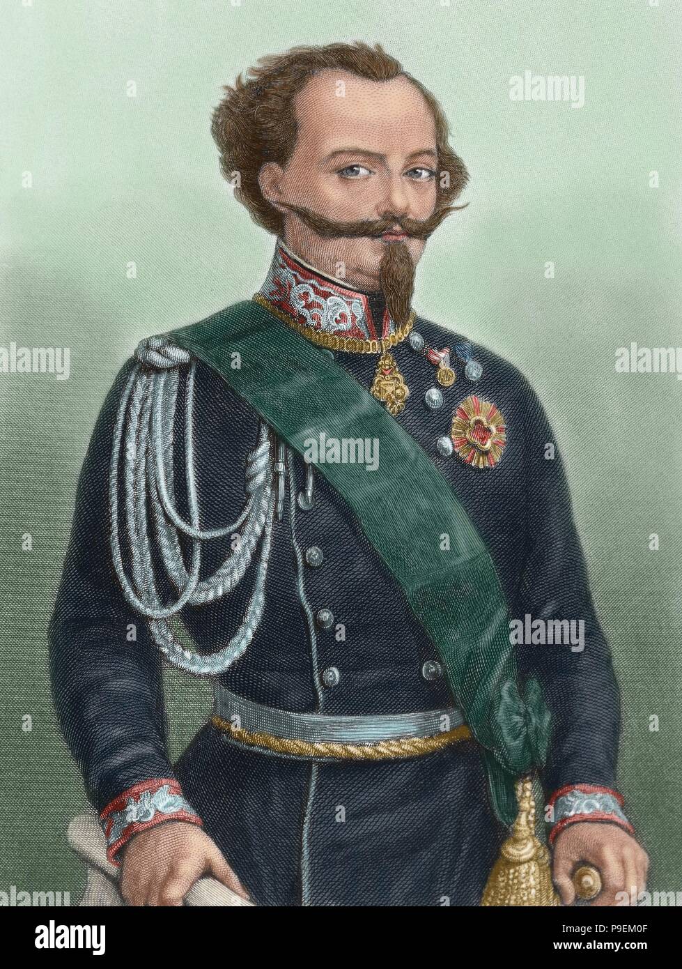 Victor Emmanuel II (1820-1878). King of Sardinia (1849-1861) and king of Italy (1861-1878). Portrait. Engraving. 'Historia Universal', 1881. Colored. Stock Photo