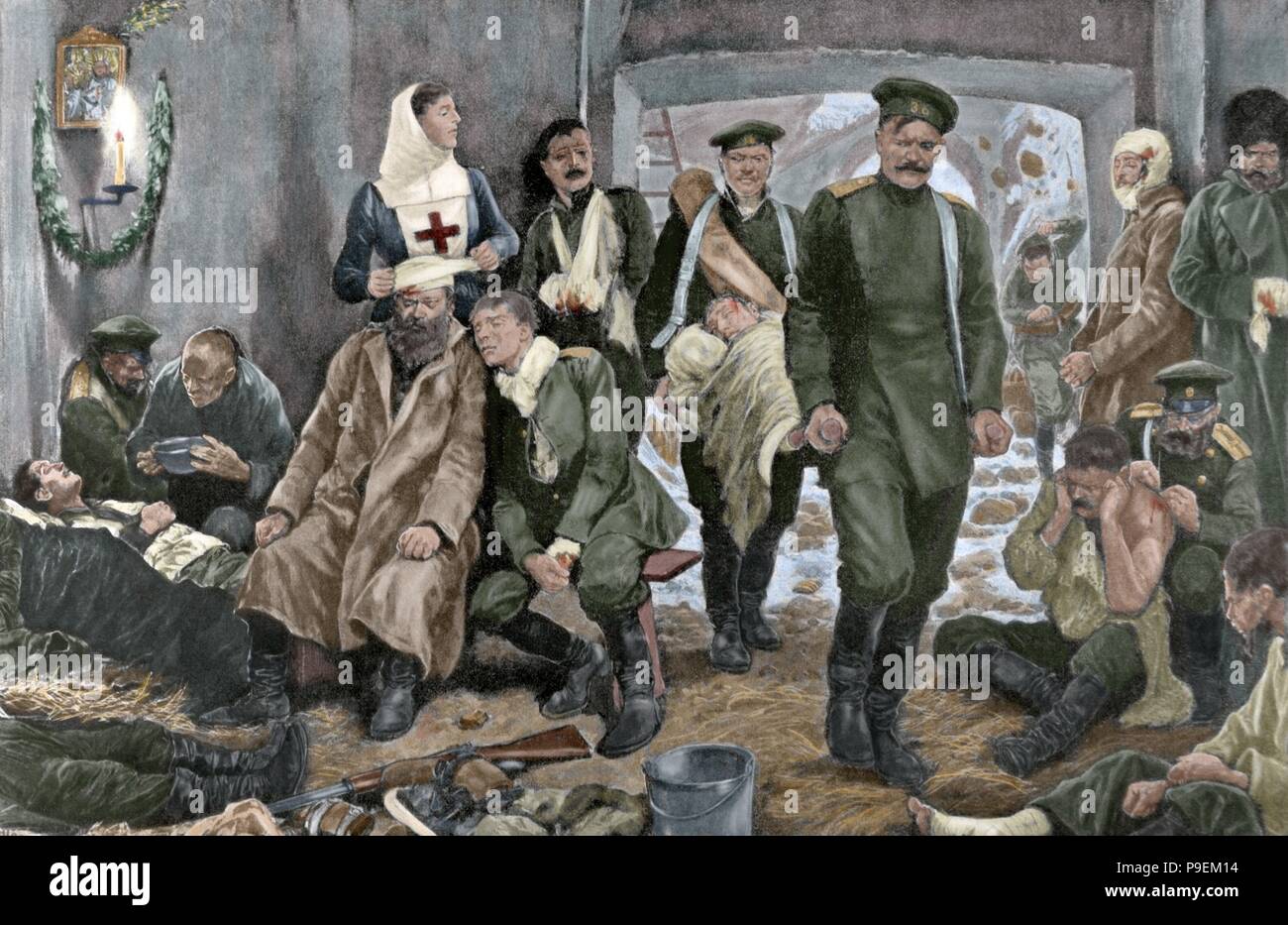Russo-Japanese War (1904-1905). Campaign hospital of the Russian troops in Manchuria. Arrival of a wounded. Engraving by R. Caton Woodville. 'La Ilustracio n Artistica', 20th century. Colored. Stock Photo