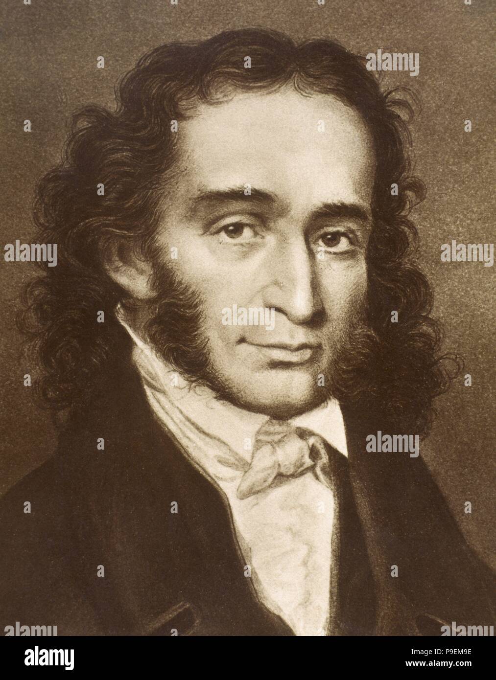 Niccolo Paganini (1782-1840). Italian violinist, violist, guitarist, and composer. Portrait. Engraving. Stock Photo