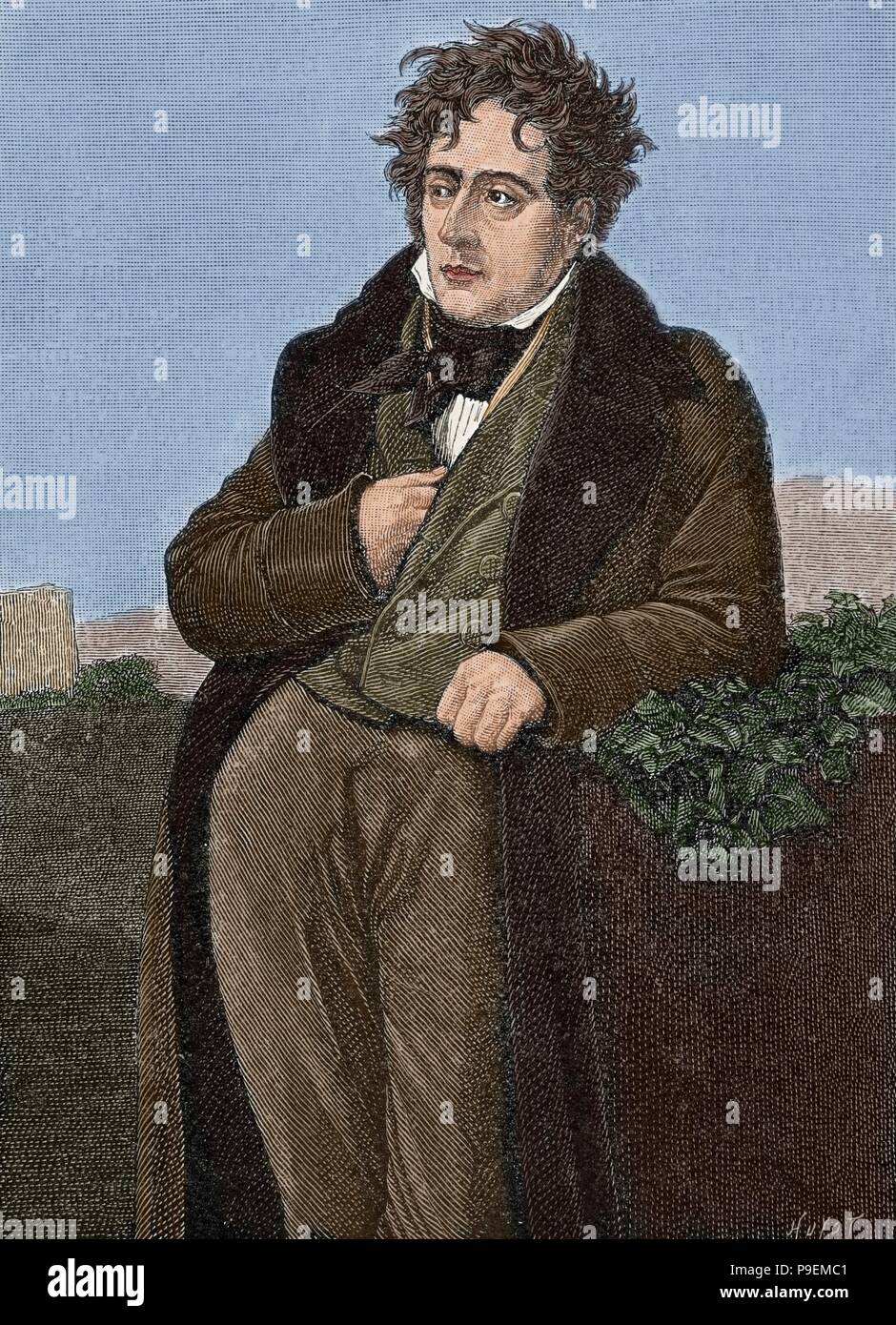 Chateaubriand, Franc ois Rene, Vicomte de (1768-1848). French writer and member of the French Academy (1811). Portrait. Engraving by Huyot. 'Historia de Francia', 1883. Colored. Stock Photo