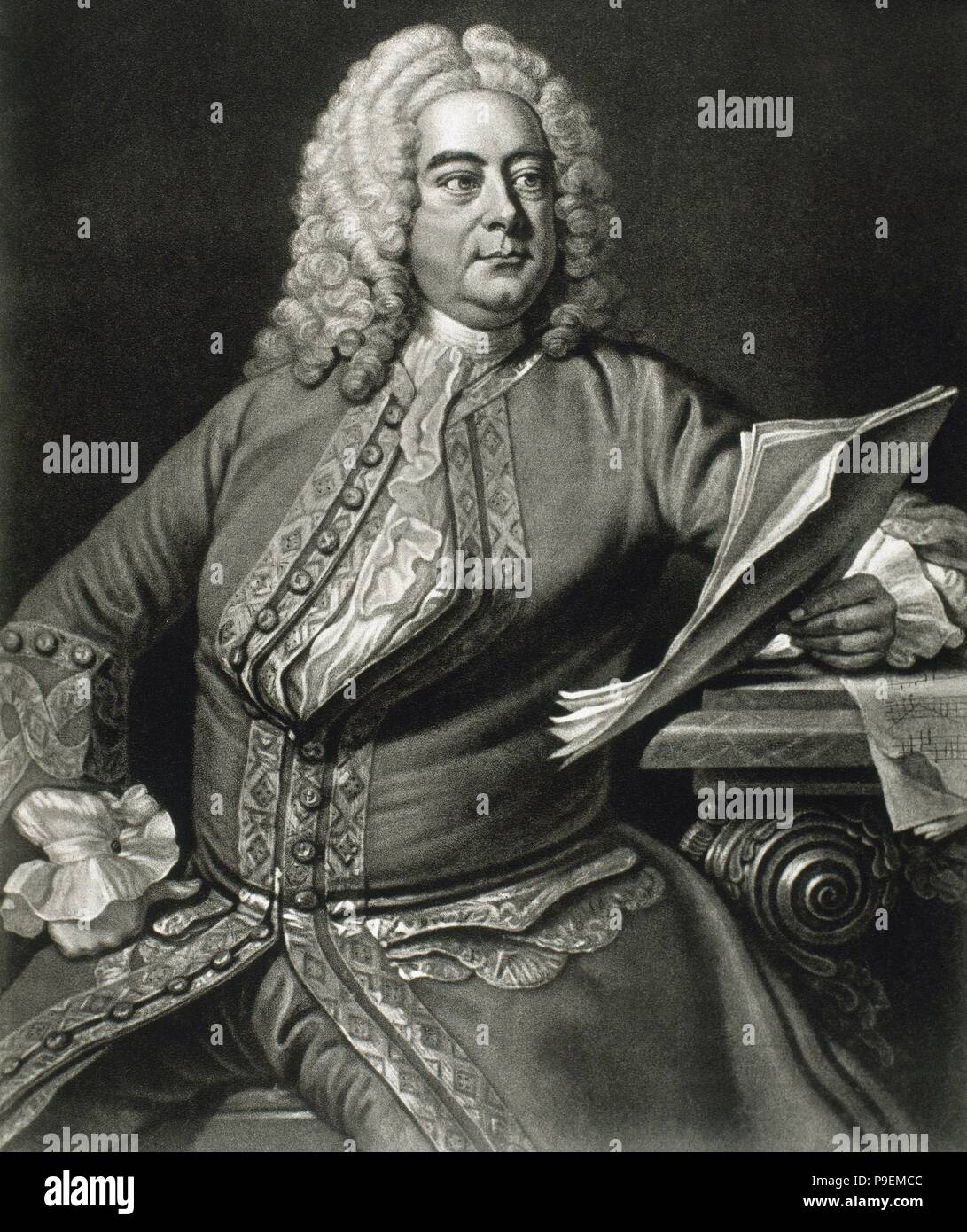 George Frideric Handel (1685-1759). German, later British, baroque composer. Portrait. Engraving. Inspired on a portrait by Thomas Hudson in 1749.