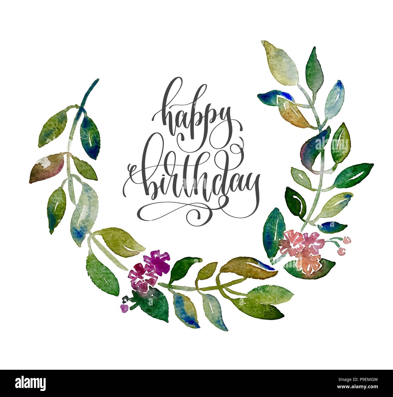 happy birthday greeting cart with handmade circle wreath watercolor branch with leaves and flowers vector illustration isolated on white background Stock Vector