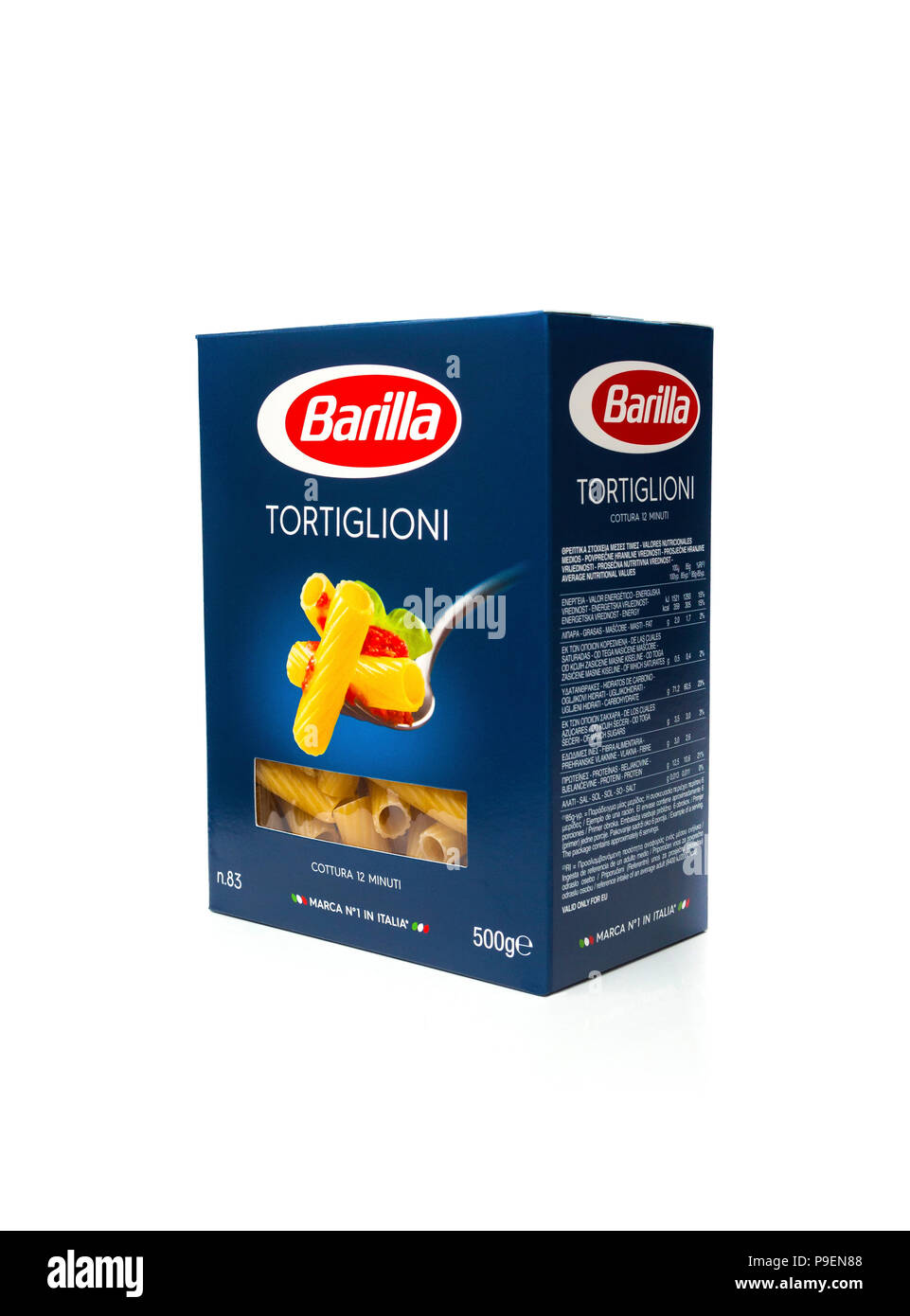 Barilla Tortiglioni Italian pasta in a box Stock Photo - Alamy