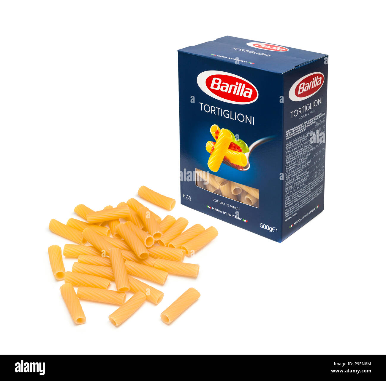 Barilla Tortiglioni Italian pasta in a box Stock Photo