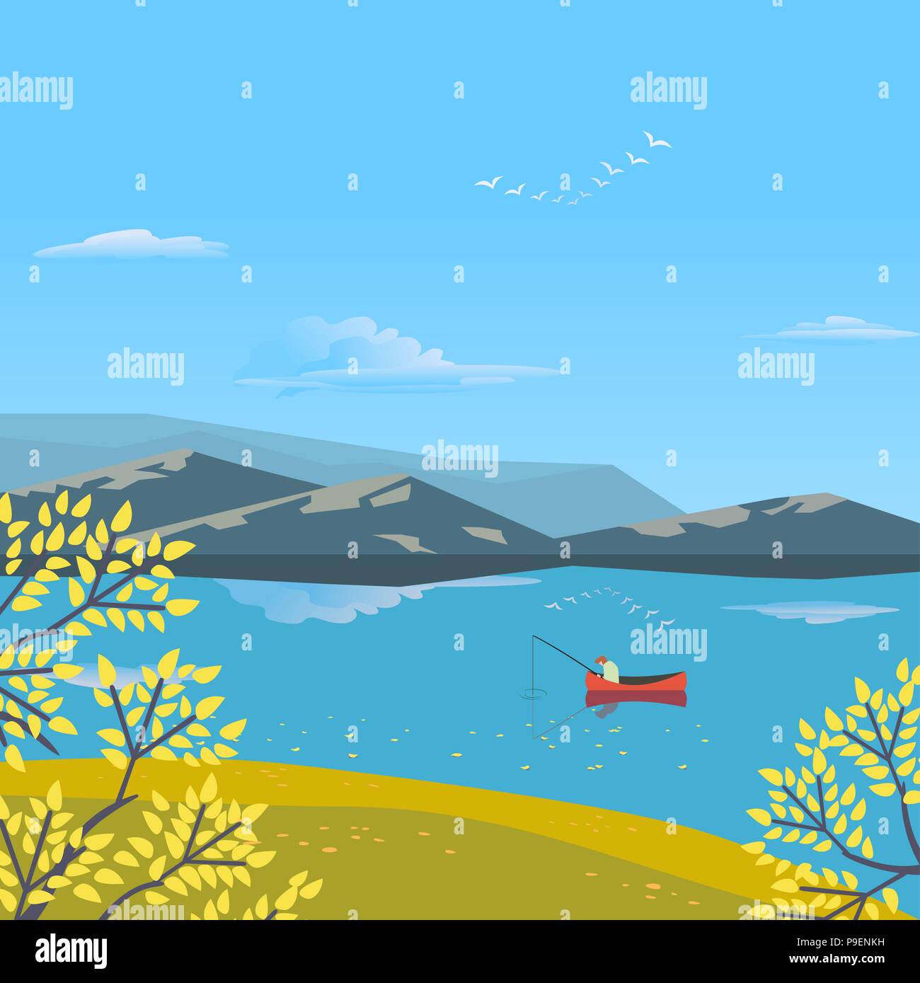Autumn Nature Landscape Colorful Cartoon Retro Style Autumnal