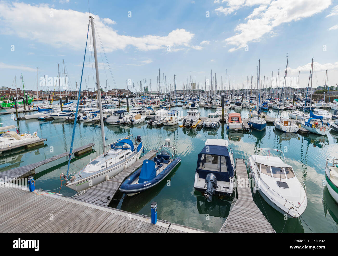 Yachts and boats birthed at Haslar Marina by Portsmouth Harbour in Gosport, Hampshire, England, UK. Stock Photo