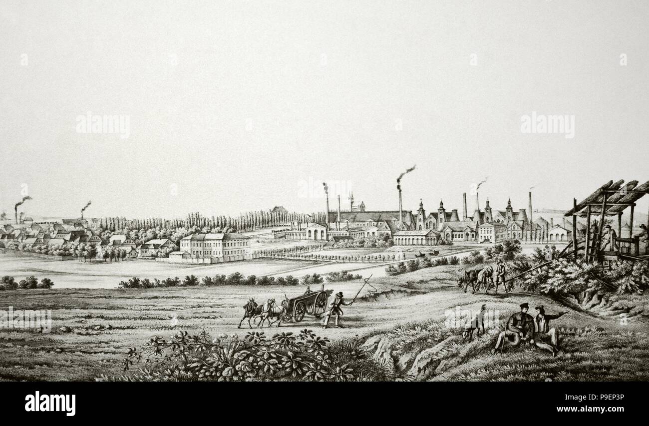 History of the Economy. 19th century. Poland. Chorzow. Panorama of the Royal Steelworks. Upper Silesia. Engraving. Stock Photo