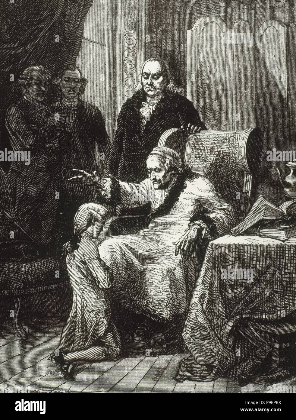 Voltaire (Franc ois-Marie Arouet) (1694-1778). French writer of The Enlightenment. Voltaire blesses Franklin's grandson. Engraving. Stock Photo
