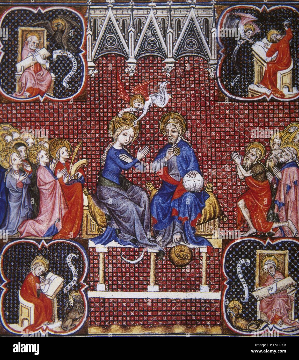 The Golden Legend. Colecction of the legendary lives of the greater saints of the medieval church. By italian chronicler Jacobus da Varagine (1230-1298). Coronation of Virgin Mary. Miniature. Stock Photo