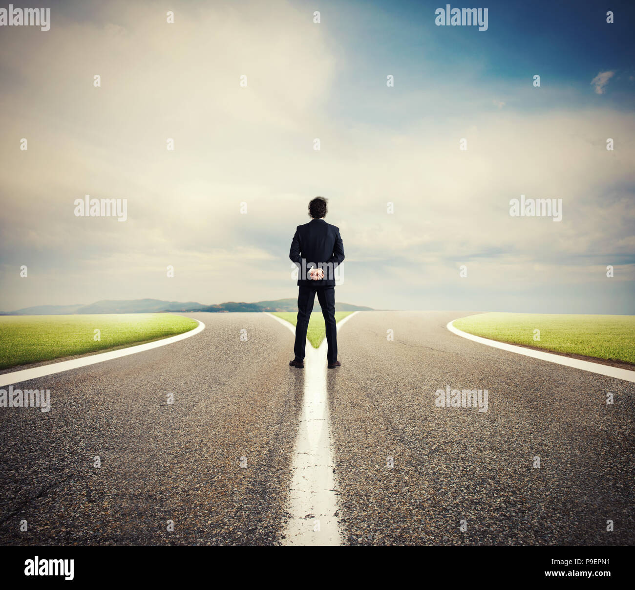 Choices of a businessman at a crossroads. Concept of decision Stock Photo