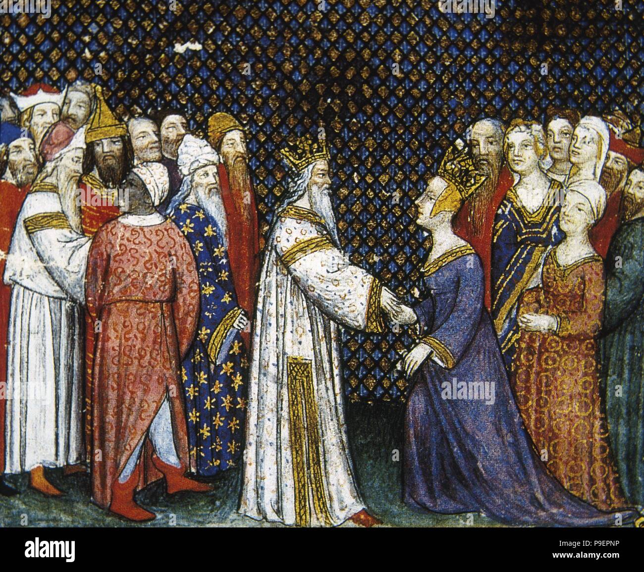 Basina of Thuringia (438-477)  husband of King Basinus. She herself took the initiative to ask for the hand of Childeric I, king of the Franks, and married him. Miniature 15th century: Marriage between Childeric I and Basina. 'Les Chroniques de France' or 'Les Chroniques de Saint-Denis'. Conde Museum. France. Stock Photo