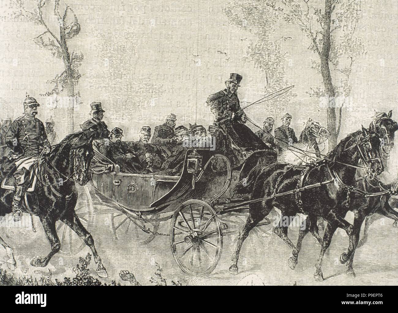 Franco-Prussian War. 1870-1871. Napoleon III Bonaparte (1808-1873) taken prisoner by the Prussian army after the Battle of Sedan (September, 1870). Engraving. 19th century. Stock Photo