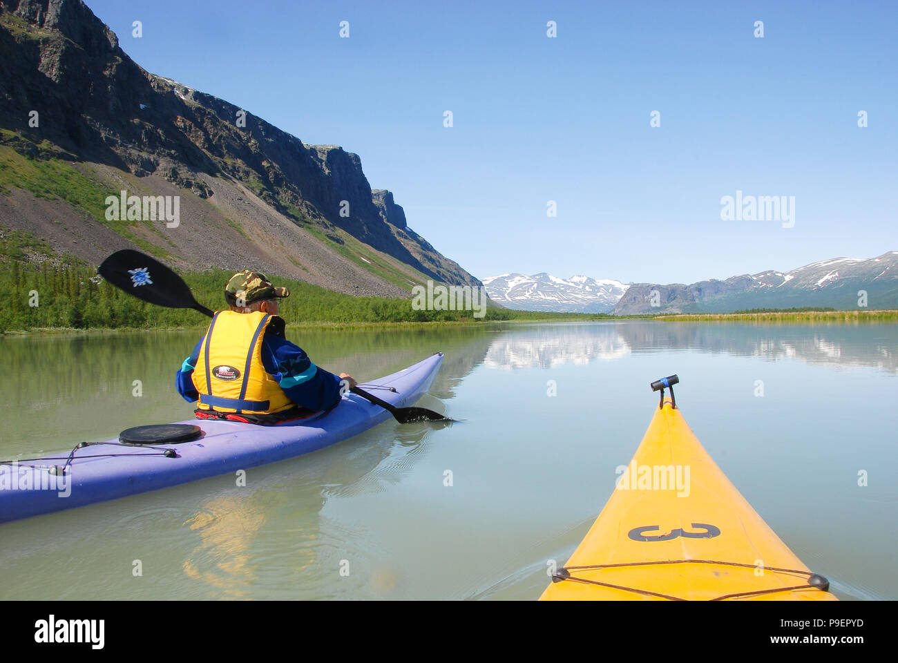 Paddling at the gates of Sarek. Jokkmokk, Norrbotten, Sweden. Stock Photo