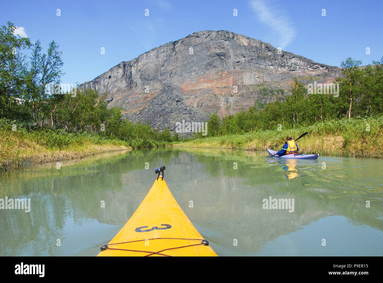 Skierfe - Paddling to the gate of Sarek. Rapaätno delta, Jokkmokk, Sweden. Stock Photo