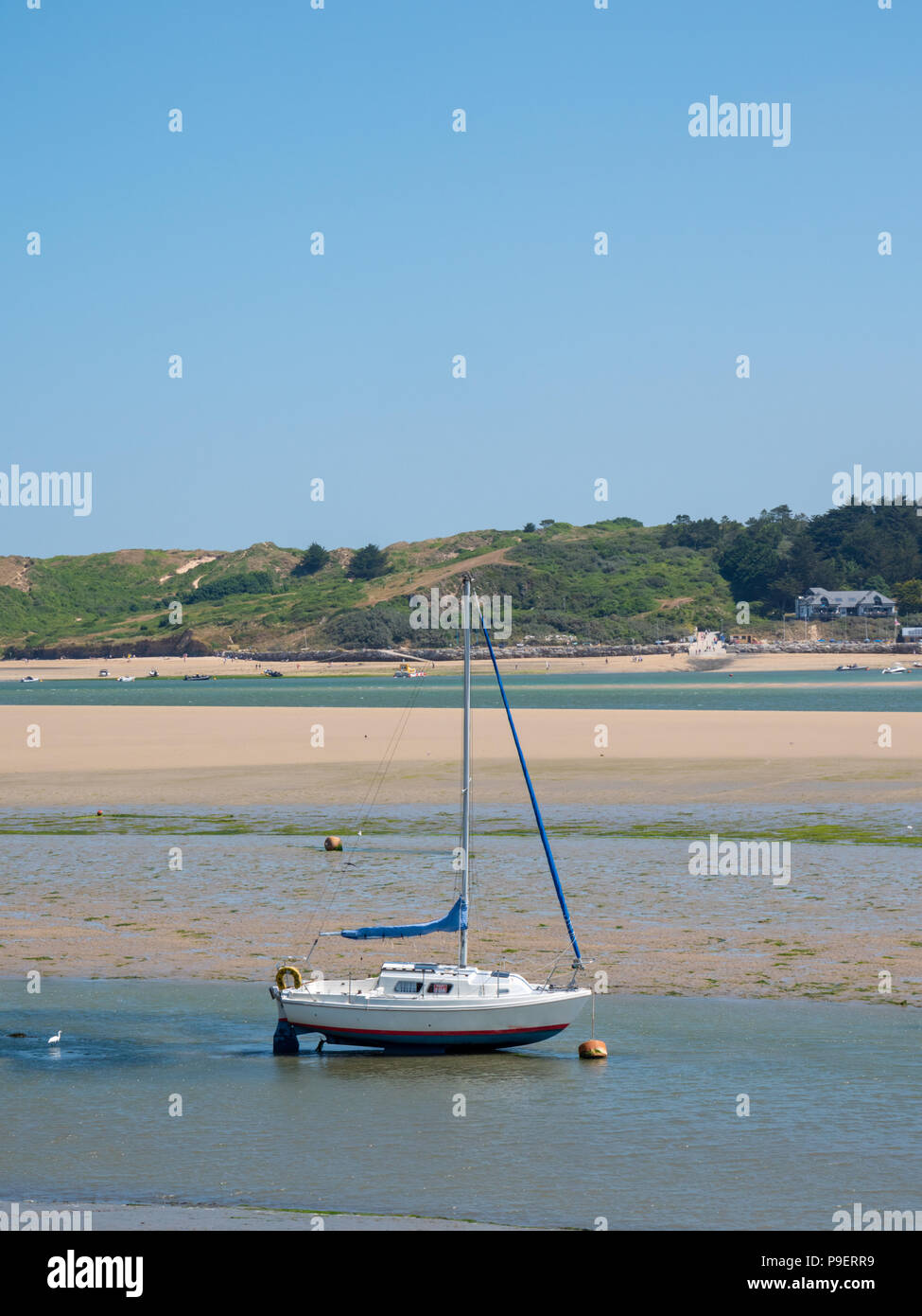 A sailing boat or yacht moored at low tide in the River Camel Estuary at Padstow Cornwall UK
