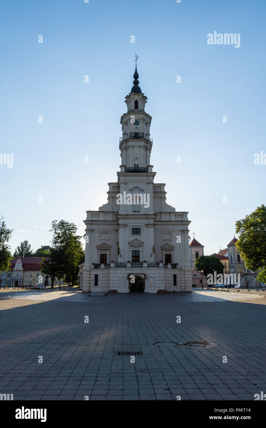 Lithuania, Empty marketplace in front of historic town hall building in Kaunas Stock Photo