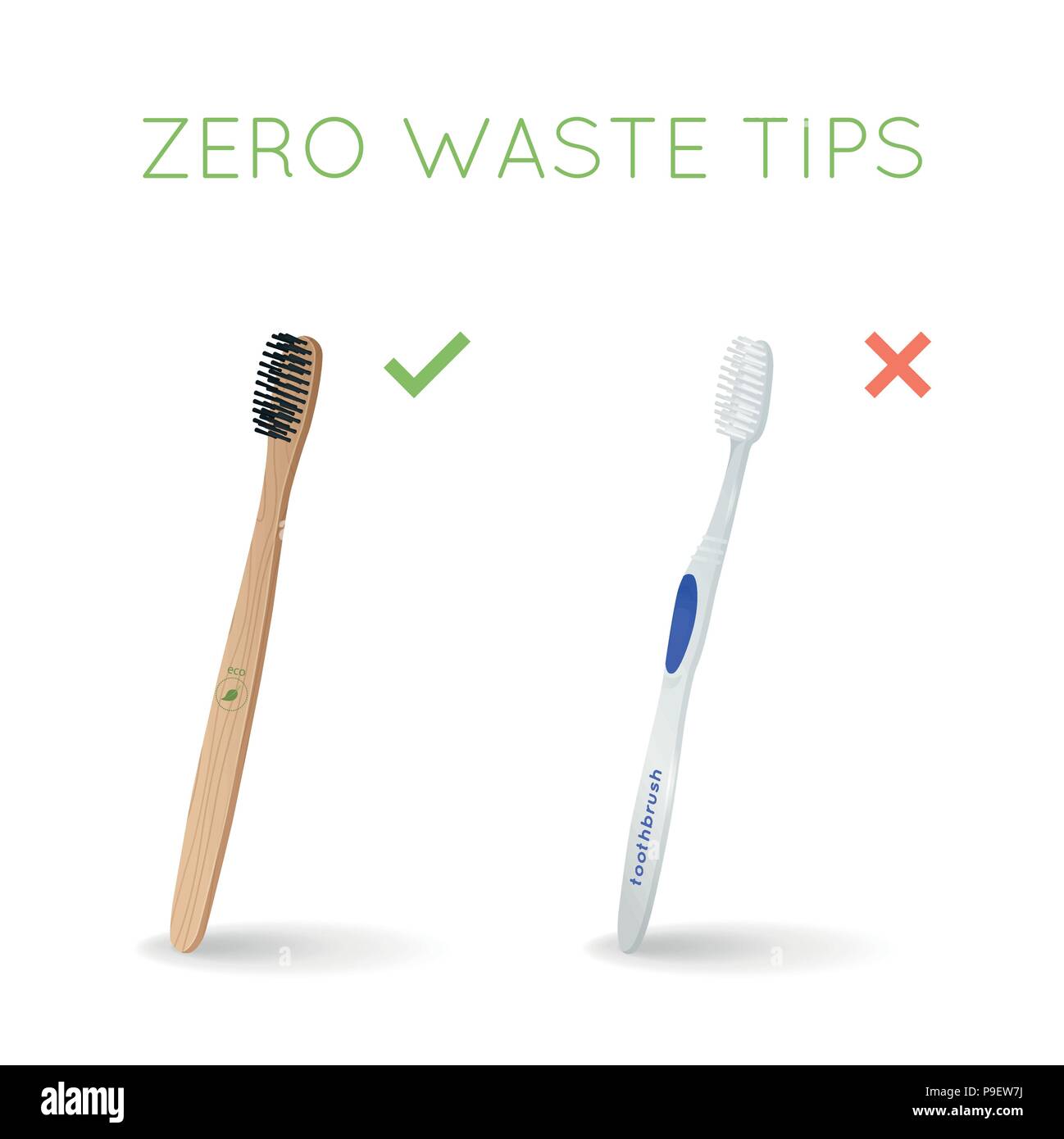 Bamboo toothbrush instead of plastic toothbrush. Zero waste tips. Eco and healthy lifestyle Stock Vector