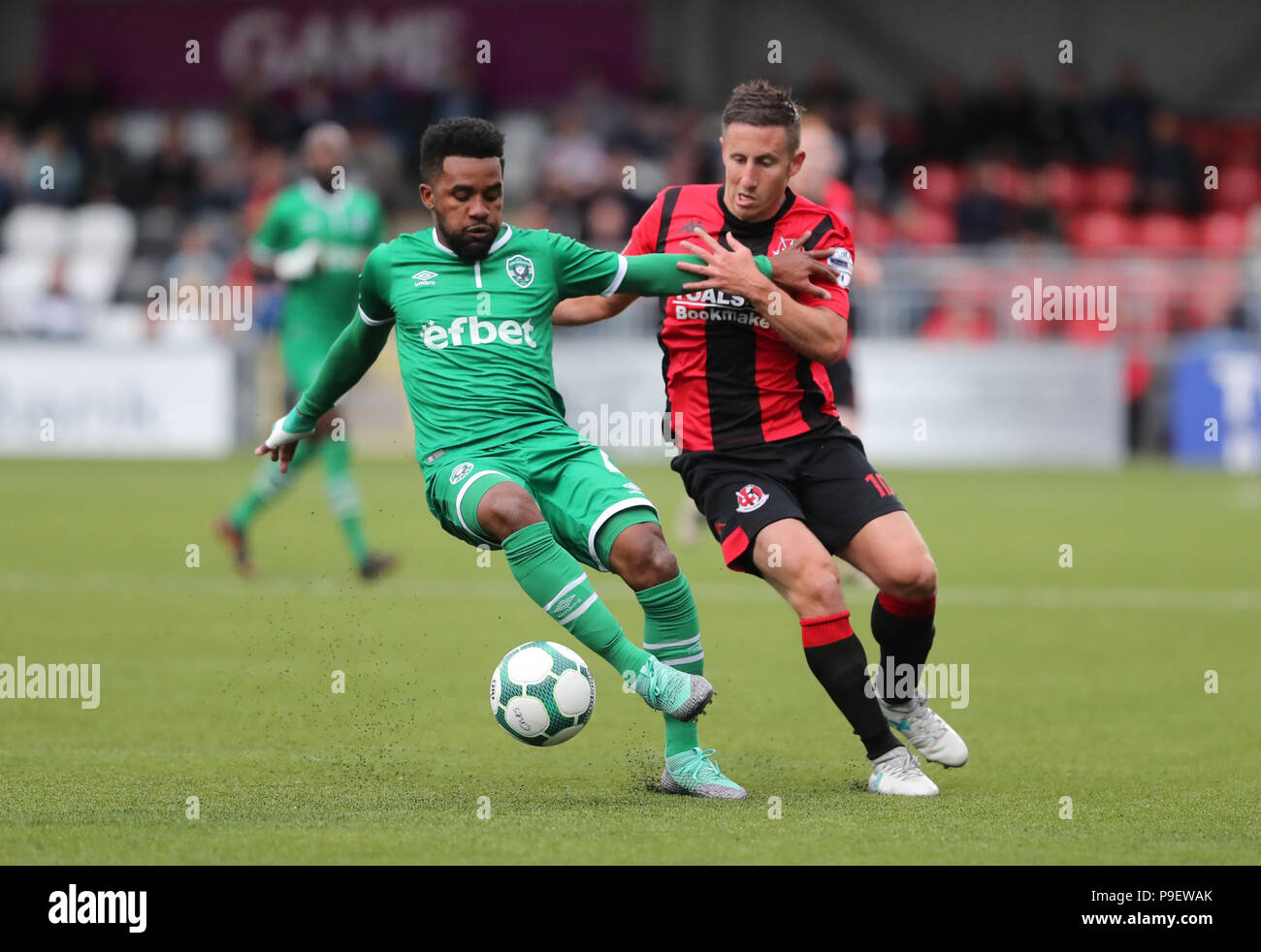 ludogorets neuciano de jesus gusamo cicinho left and crusaders michael carvill right during the uefa champions league first qualifying round second leg match at seaview belfast stock photo alamy alamy