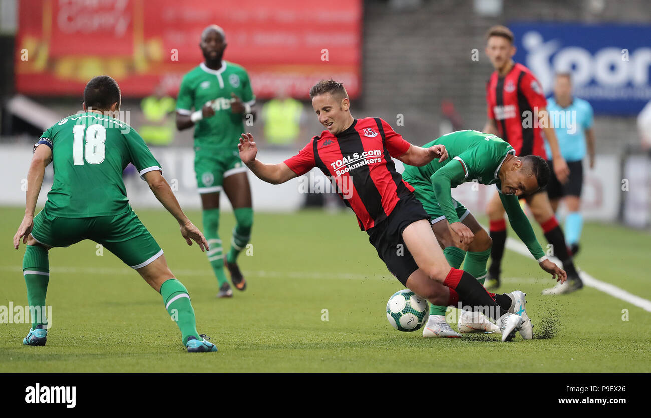 Crusaders' Michael Carvill (left) and Ludogorets' Marcelo Nascimento da Costa (right) during the UEFA Champions League, first qualifying round, second leg match at Seaview, Belfast. Stock Photo