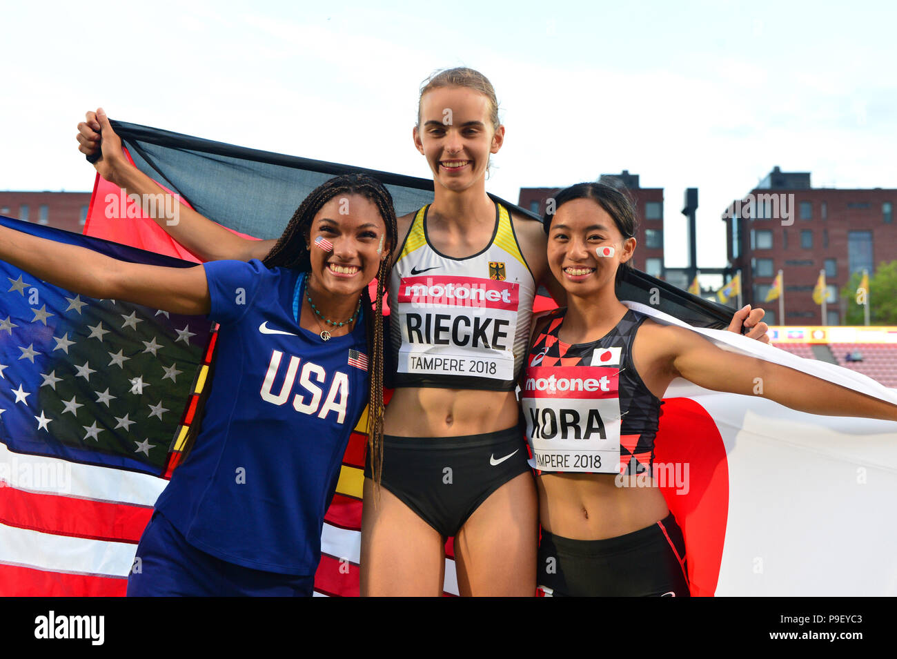 Women's long jump gold medalist LeaJasmin Riecke (GER), center, silver