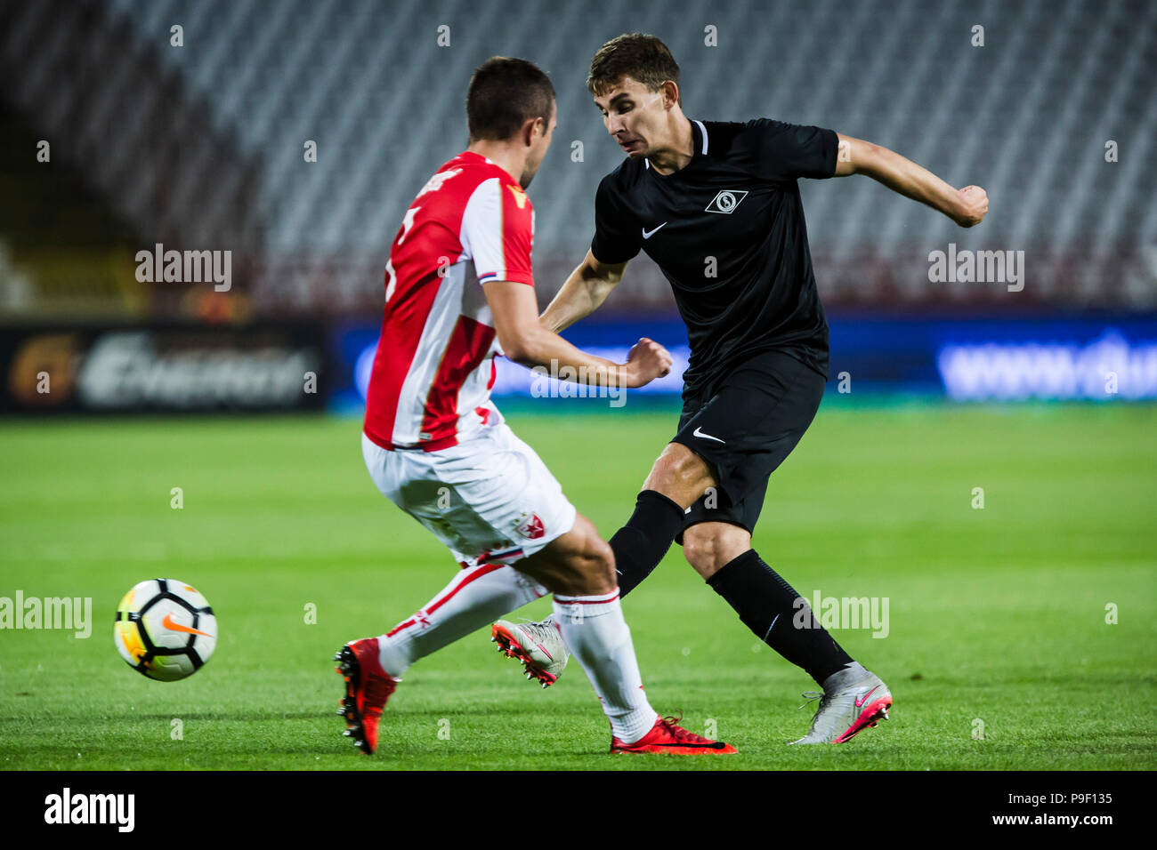 Belgrade, Serbia. 17th July, 2018. Crvena Zvezda's Milan Pavkov (L) and El  Fardou Ben Nabouhane celebrate during the first qualifying round UEFA Champions  League football match between Crvena Zvezda and Spartaks in