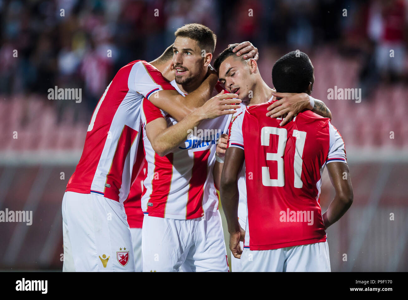 Belgrade, Serbia. 17th July, 2018. Crvena Zvezda's Lorenzo Ebecilio (L)  vies with Spartak's Vitor Silva Honorato during the first qualifying round  UEFA Champions League football match between Crvena Zvezda and Spartaks in