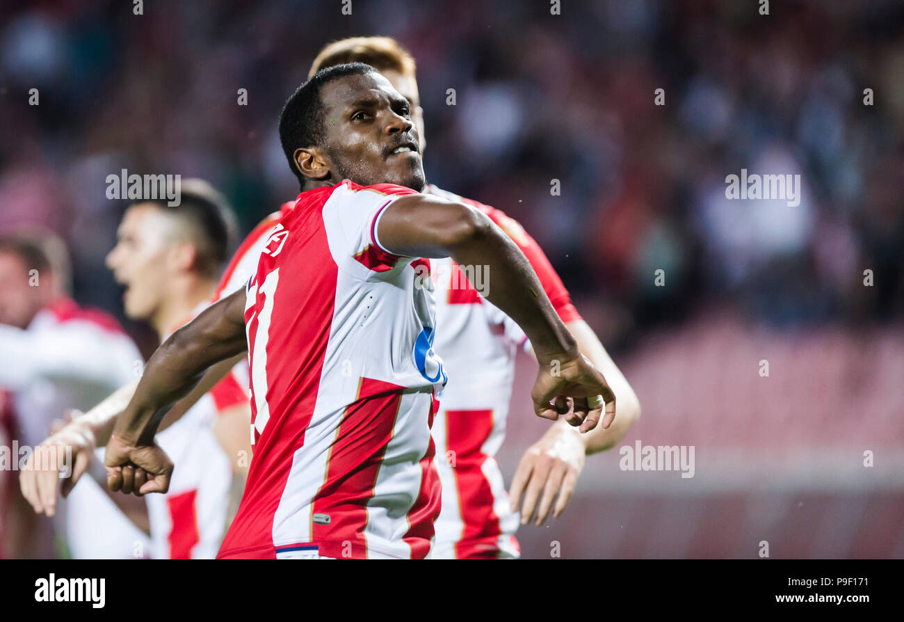 Belgrade, Serbia. 17th July, 2018. Crvena Zvezda's Milan Pavkov (L) and El  Fardou Ben Nabouhane celebrate during the first qualifying round UEFA Champions  League football match between Crvena Zvezda and Spartaks in