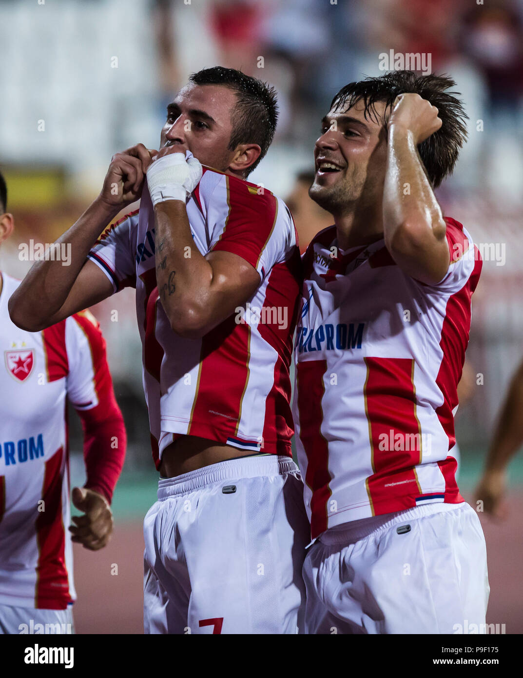 Belgrade, Serbia. 17th July, 2018. Crvena Zvezda's Milan Pavkov (L) and El  Fardou Ben Nabouhane celebrate during the first qualifying round UEFA Champions  League football match between Crvena Zvezda and Spartaks in