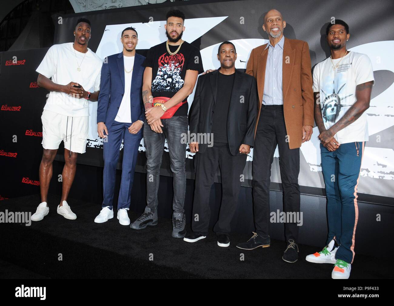 Los Angeles, CA, USA. 17th July, 2018. Dwight Howard, Jayson Tatum, JaVale McGee, Denzel Washington, Kareem Abdul Jabbar, Paul George at arrivals for THE EQUALIZER 2 Premiere, TCL Chinese Theatre (formerly Grauman's), Los Angeles, CA July 17, 2018. Credit: Elizabeth Goodenough/Everett Collection/Alamy Live News Stock Photo