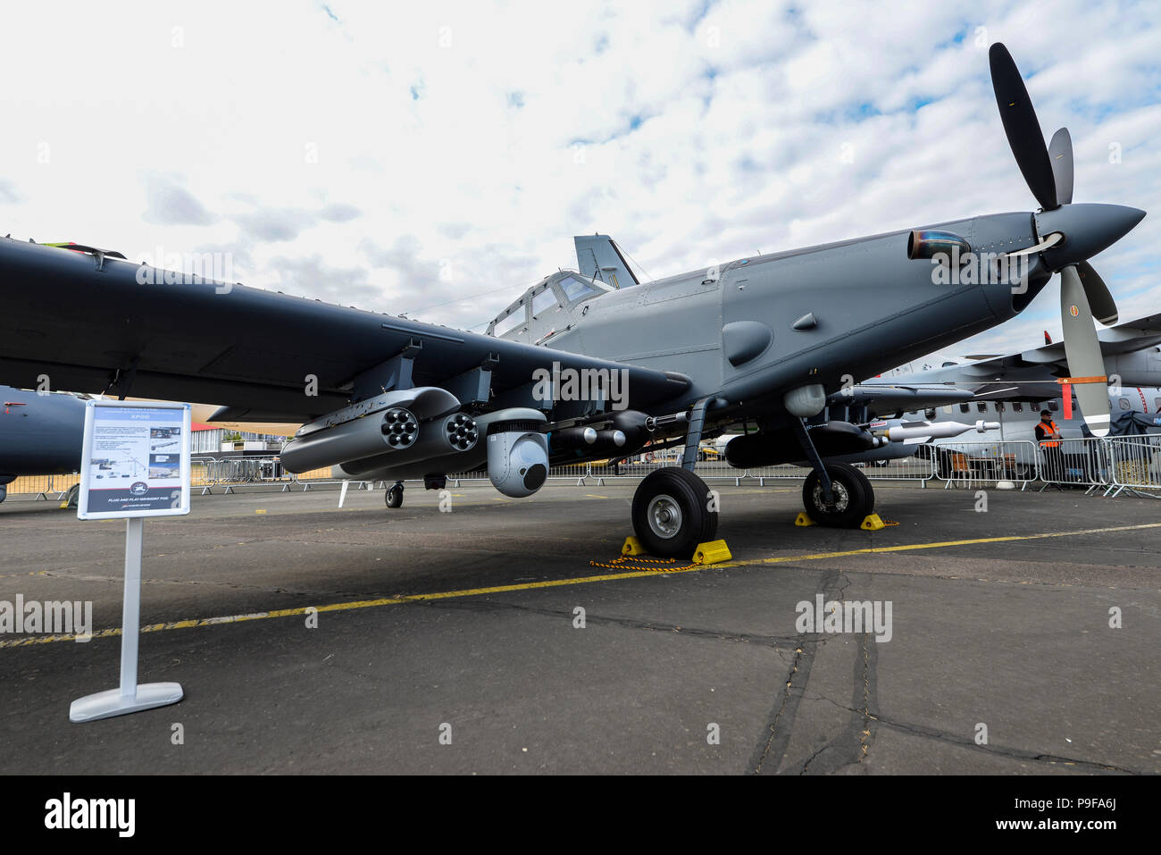 Air Tractor L3 AT-802L Longsword with weapons at the Farnborough International Airshow, FIA 2018, UK. Trade day for business. Armed cropduster design Stock Photo