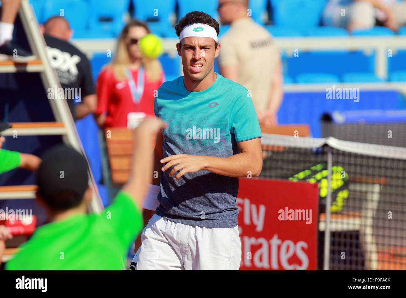 Umag, Croatia. 18th July 2018. CROATIA, Umag: Marco Cecchinato of Italy eyes the ball during the singles match Vesely v Cecchinato at the ATP 29th Plava laguna Croatia Open Umag tournament at the at the Goran Ivanisevic ATP Stadium, on July 18, 2018 in Umag. Credit: Andrea Spinelli/Alamy Live News Stock Photo