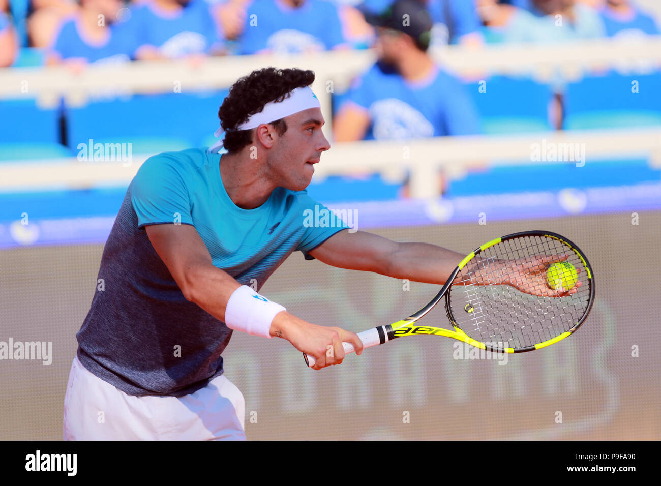 Umag, Croatia. 18th July 2018. CROATIA, Umag: Marco Cecchinato of Italy prepares to serve against Jiri Vesely during the singles match Vesely v Cecchinato at the ATP 29th Plava laguna Croatia Open Umag tournament at the at the Goran Ivanisevic ATP Stadium, on July 18, 2018 in Umag. Credit: Andrea Spinelli/Alamy Live News Stock Photo