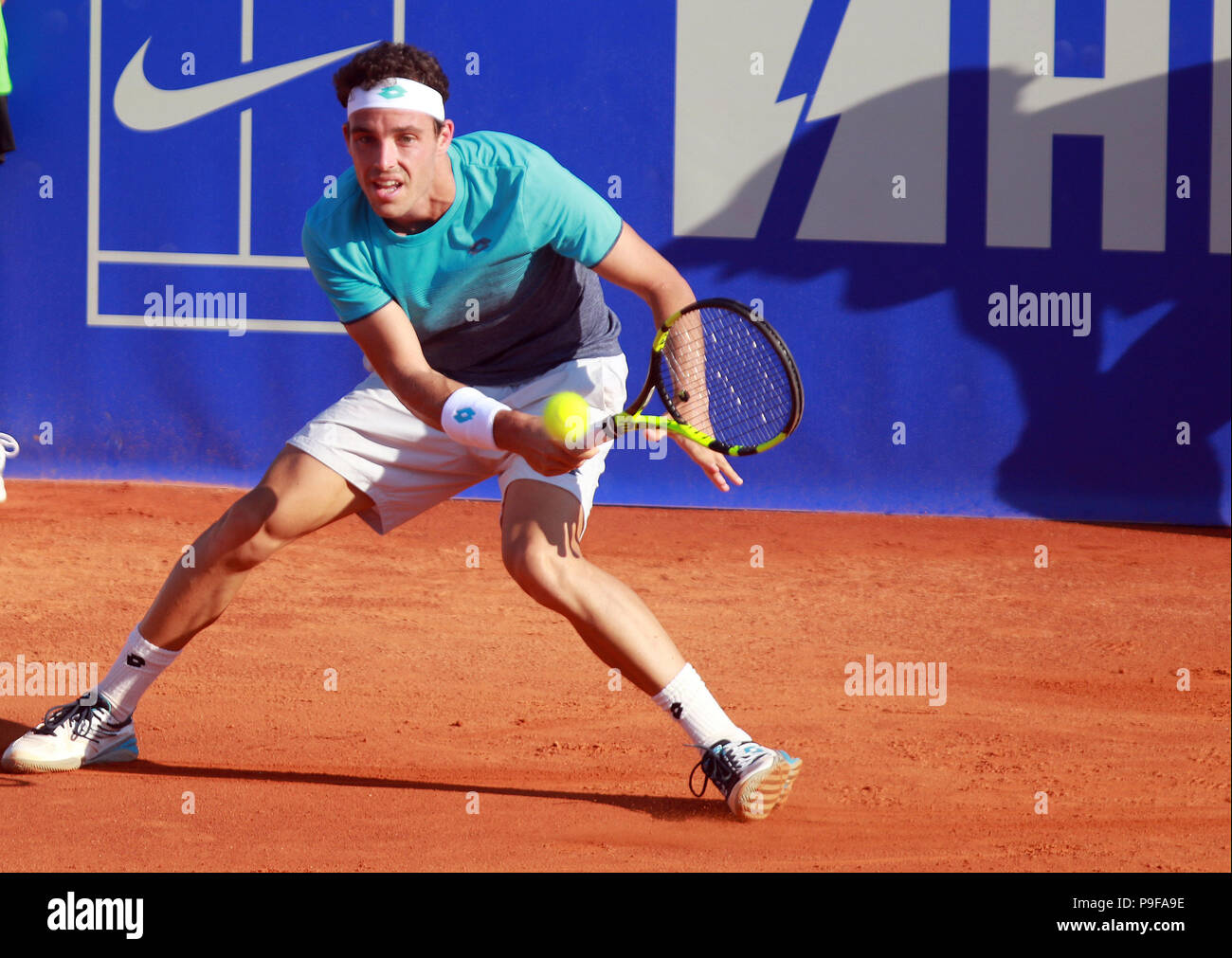 Umag, Croatia. 18th July 2018. CROATIA, Umag: Marco Cecchinato of Italy hits a return to Jiri Vesely during the singles match Vesely v Cecchinato at the ATP 29th Plava laguna Croatia Open Umag tournament at the at the Goran Ivanisevic ATP Stadium, on July 18, 2018 in Umag. Credit: Andrea Spinelli/Alamy Live News Stock Photo
